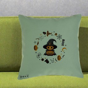 Perna Decorativa Halloween Dovleac Vrajitor Boo cu Simboluri, 40x40 cm, Verde, Husa Detasabila, Perna Inclusa, BEKZ®