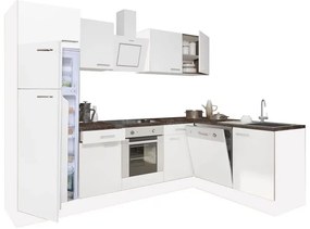 Dulap de bucătărie de colț Yorki 280, corp alb, față alb satinat, element cuptor inferior, frigider congelator superior