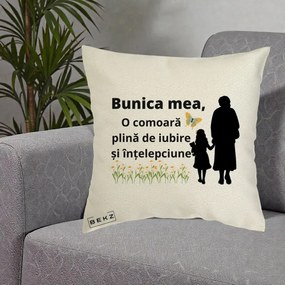 Cadou pentru Bunica - Perna Personalizata Bunica Mea Comoara Iubire Intelepciune Varianta Extinsa, 40x40 cm, Ecru, Husa Detasabila, Perna Inclusa, BEKZ®