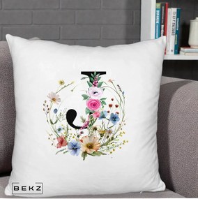 Cadou Personalizat - Perna Personalizata Monogram Litera J cu Flori Acuarela, 40x40 cm, Alb Pufos, Husa Detasabila, Perna Inclusa, BEKZ®