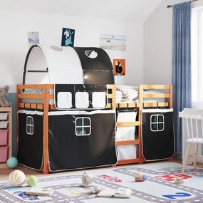 vidaXL Pat supraetajat de copii perdele, alb/negru, 90x190 cm lemn pin
