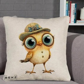 Perna Decorativa Pui Elegant cu Palarie Teal, 40x40 cm, Bej Canapea, Husa Detasabila, Perna Inclusa, BEKZ®