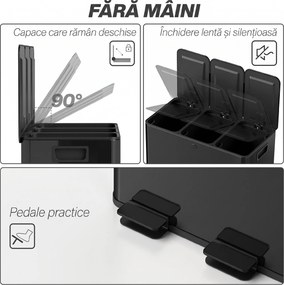 HOMCOM Coș de Gunoi cu 3 Secțiuni de 20L cu Pedală și 2 Capace cu Închidere Silențioasă, Coș de Gunoi din Oțel Inoxidabil și PP, 61.9x36.6x56.7 cm, Negru | Aosom Romania