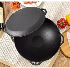 Oala fonta wok cu capac, 3 in 1, 32cm, Perfect Home 12411, capac tigaie