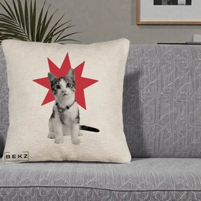 Perna Decorativa Pisica Star Pop Art, 40x40 cm, Bej Canapea, Husa Detasabila, Perna Inclusa, BEKZ®