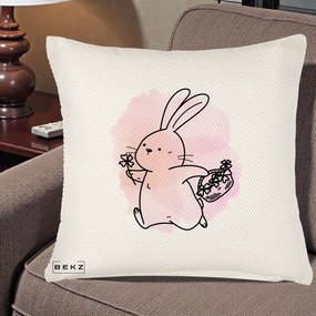 Perna Decorativa Iepuras Kawaii cu Cosulet Floral, 40x40 cm, Crem Reliefat, Husa Detasabila, Perna Inclusa, BEKZ®