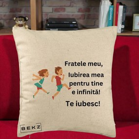 Cadou pentru Frate - Perna Personalizata Fratele Meu Te Iubesc Copii Alergand Colorat, 40x40 cm, Bej, Husa Detasabila, Perna Inclusa, BEKZ®