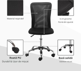 Vinsetto Scaun de Birou Ergonomic Rotativ Fara Cotiere, Inaltime Ajustabila cu 5 Roti Spatar Transpirant, Negru, 43x46x100cm | Aosom Romania