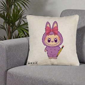 Perna Personalizata Labubu Mov cu Funda Rosie si Creion, 40x40 cm, Bej Canapea, Husa Detasabila, Perna Inclusa, BEKZ®