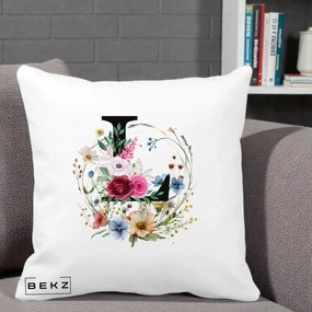 Cadou Personalizat - Perna Personalizata Monogram Litera L cu Flori Acuarela, 40x40 cm, Alba Mata, Husa Detasabila, Perna Inclusa, BEKZ®