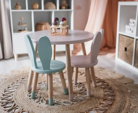 Set masuta rotunda roz si 2 scaunele iepuras roz si mint