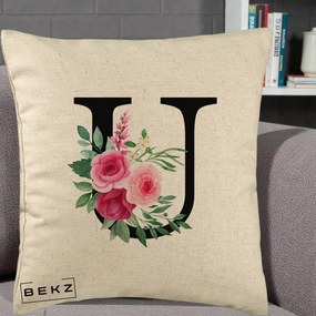 Cadou Personalizat - Perna Personalizata Monograma Florala Litera U, 40x40 cm, Bej, Husa Detasabila, Perna Inclusa, BEKZ®