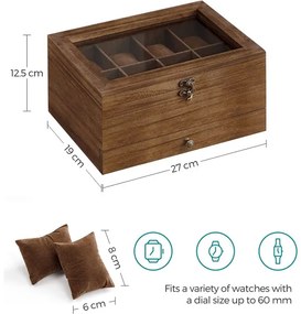 Cutie De Bijuterii Din Lemn Cu 2 Niveluri, Cu Capac De Sticla, Nuc Rustic