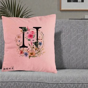 Cadou Personalizat - Perna Personalizata Monogram Litera N cu Flori Acuarela, 40x40 cm, Roz, Husa Detasabila, Perna Inclusa, BEKZ®