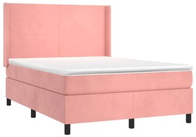 Pat box spring cu saltea, roz, 140x200 cm, catifea Roz, 140 x 200 cm, Design simplu