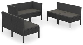 Set mobilier de gradina cu perne, 6 piese, negru, poliratan 4x mijloc + 2x colt, 1