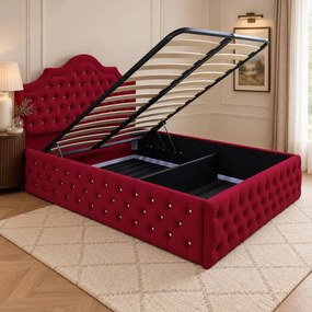 Pat tapițat Chesterfield din catifea Imperio Deluxe 180×200 cm, vișiniu, cu ladă de depozitare