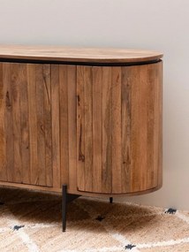 Bufet din lemn de mango, maro, cu 4 uși din lame verticale și picioare din metal negru, finisaj natural, 77 x 170 x 48 cm, „Ainigma”