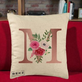 Cadou Personalizat - Perna Personalizata Monograma Rose Gold Litera M cu Trandafiri, 40x40 cm, Bej, Husa Detasabila, Perna Inclusa, BEKZ®