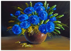 Tablou pe sticlă - Flori albastre în vază (70x50 cm)