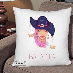 Perna Personalizata Zodiac Balanta Cowgirl, 40x40 cm, Alb Pufos, Husa Detasabila, Perna Inclusa, BEKZ®