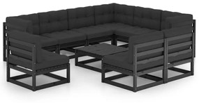 3076843 vidaXL Set mobilier grădină cu perne, 10 piese, negru, lemn masiv pin