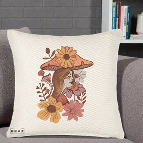 Perna Decorativa Fata Ciuperca Florala Boho, 40x40 cm, Crem Reliefat, Husa Detasabila, Perna Inclusa, BEKZ®