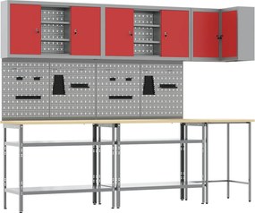 vidaXL Set de dulapuri de lucru cu raft Manual 10 pcs Roșu și gri