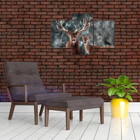 Tablou - Cerb și căprioare în pădurea înzăpezită (90x60 cm)