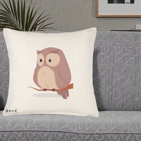 Perna Decorativa Bufnita Kawaii pe Creanga, 40x40 cm, Crem Reliefat, Husa Detasabila, Perna Inclusa, BEKZ®