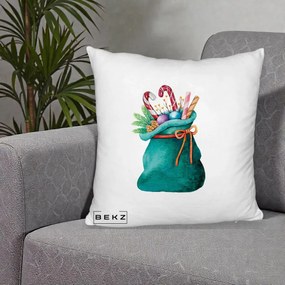 Perna Decorativa Saculet Cadouri Mos Craciun Acuarela Verde, 40x40 cm, Alb Pufos, Husa Detasabila, Perna Inclusa, BEKZ®
