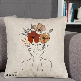Perna Decorativa Portret Feminin Coroana Trei Flori, 40x40 cm, Bej Canapea, Husa Detasabila, Perna Inclusa, BEKZ®