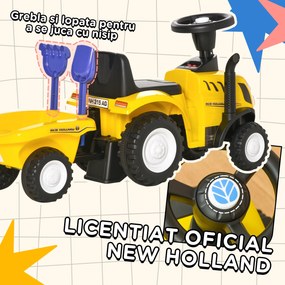 Tractor pentru Copii 12-36 Luni HOMCOM, Prevazut cu Loc cu Remorca, Grebla si Lopata, Joc Educativ, 91x29x44cm, Galben | Aosom Romania