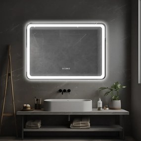 Oglindă baie, Multifuncțională, Iluminare LED Touch, Sistem Dezaburire, Ceas electronic încorporat, Indicator Temperatura, 70x50 cm