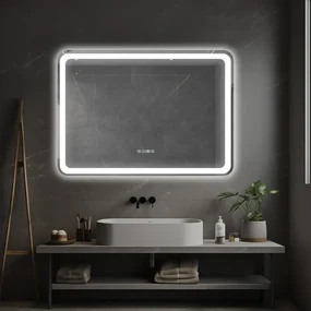 Oglindă baie, Multifuncțională, Iluminare LED Touch, Sistem Dezaburire, Ceas electronic încorporat, Indicator Temperatura, 70x50 cm