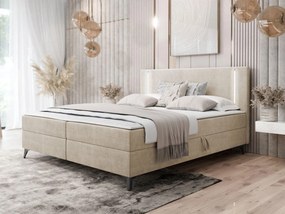 Pat matrimonial 200 cm Hebara 2 (Bej) (cu somieră și saltea) (cu sp. depozitare) (cu iluminat LED). 1104447