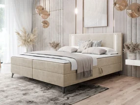 Pat matrimonial 200 cm Hebara 2 (Bej) (cu somieră și saltea) (cu sp. depozitare) (cu iluminat LED). 1104447