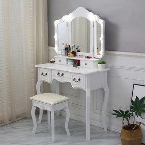 RESIGILAT- Set ELISABETA, Masă de toaletă cu 3 oglinzi, iluminare LED, control touch, 5 sertare, scaun, Alb
