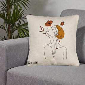 Perna Decorativa Portret Feminin Mac Privire Inalta, 40x40 cm, Bej Canapea, Husa Detasabila, Perna Inclusa, BEKZ®