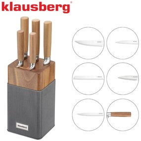 Set cuțite Klausberg KB 7983, 6 piese, Oțel inoxidabil, Mâner lemn de salcâm, Maro/grafit