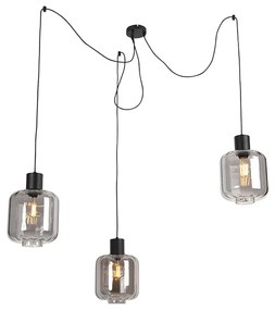 Lampă suspendată de design negru cu sticlă fumurie 3 lumini 226 cm - Qara