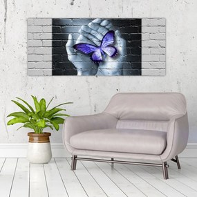 Tablou - Fluture violet pe perete (120x50 cm)