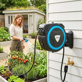 Outsunny Derulator Furtun Udare Montat pe Perete 14+1,5 m cu Blocare și Adaptoare, Rotativ 180°, 12 Moduri, 49x15x37cm, Albastru | Aosom Romania