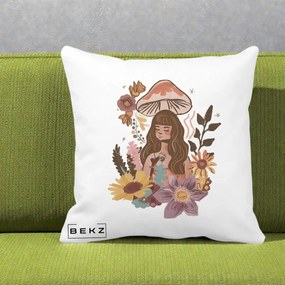 Perna Decorativa Fata Ciuperca Boho Florala, 40x40 cm, Alba Mata, Husa Detasabila, Perna Inclusa, BEKZ®