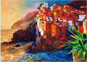 Tablou - Satul de coastă Cinque Terre, Riviera italiană, impresionismul modern (70x50 cm)