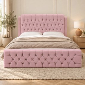 Pat tapițat Chesterfield din catifea Aveline Deluxe 180×200 cm, roz, cu ladă de depozitare