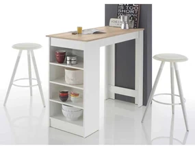 Masa tip bar cu depozitare, 115x50x103 cm, raft lateral, culoare alb/sonoma