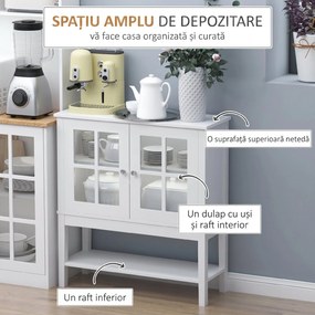 HOMCOM Servantă de Bucătărie Modernă cu 2 Uși din Sticlă Securizată, Raft Reglabil, 80 x 28 x 84 cm, Alb | Aosom Romania