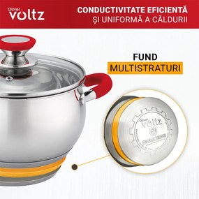 La mâna a doua: Oala Oliver Voltz OV51210N18, 18 cm, 2,5 l, Inductie, Manere silicon rosii, Inox/Roşu
