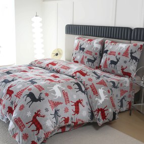 Set Lenjerie cocolino MERRY CHRISTMAS DEER gri + Cearsaf Cocolino microplus cu elastic SOFT 180x200 cm alb, pat dublu